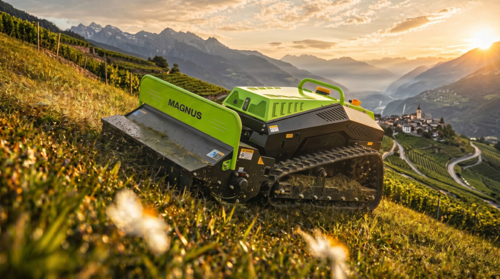 MAGNUS tracked remote control mower working a terraced vineyard slope at sunset