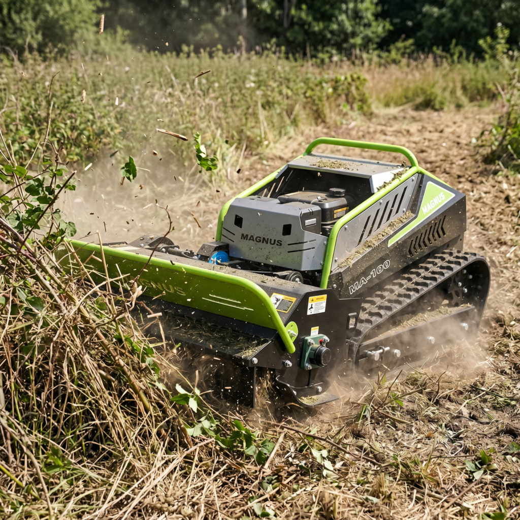 Mower cutting dry standing vegetation on rough ground