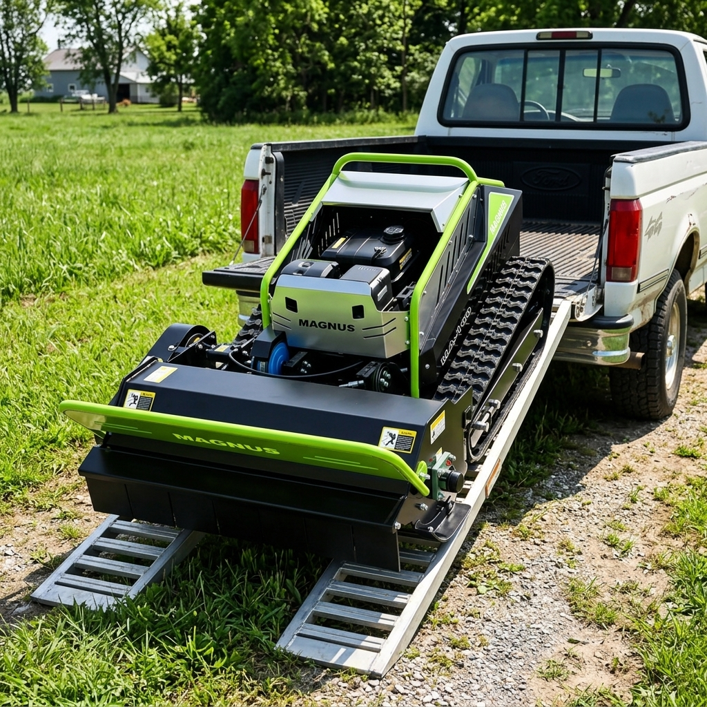 Loading a tracked mower onto a pickup truck using ramps