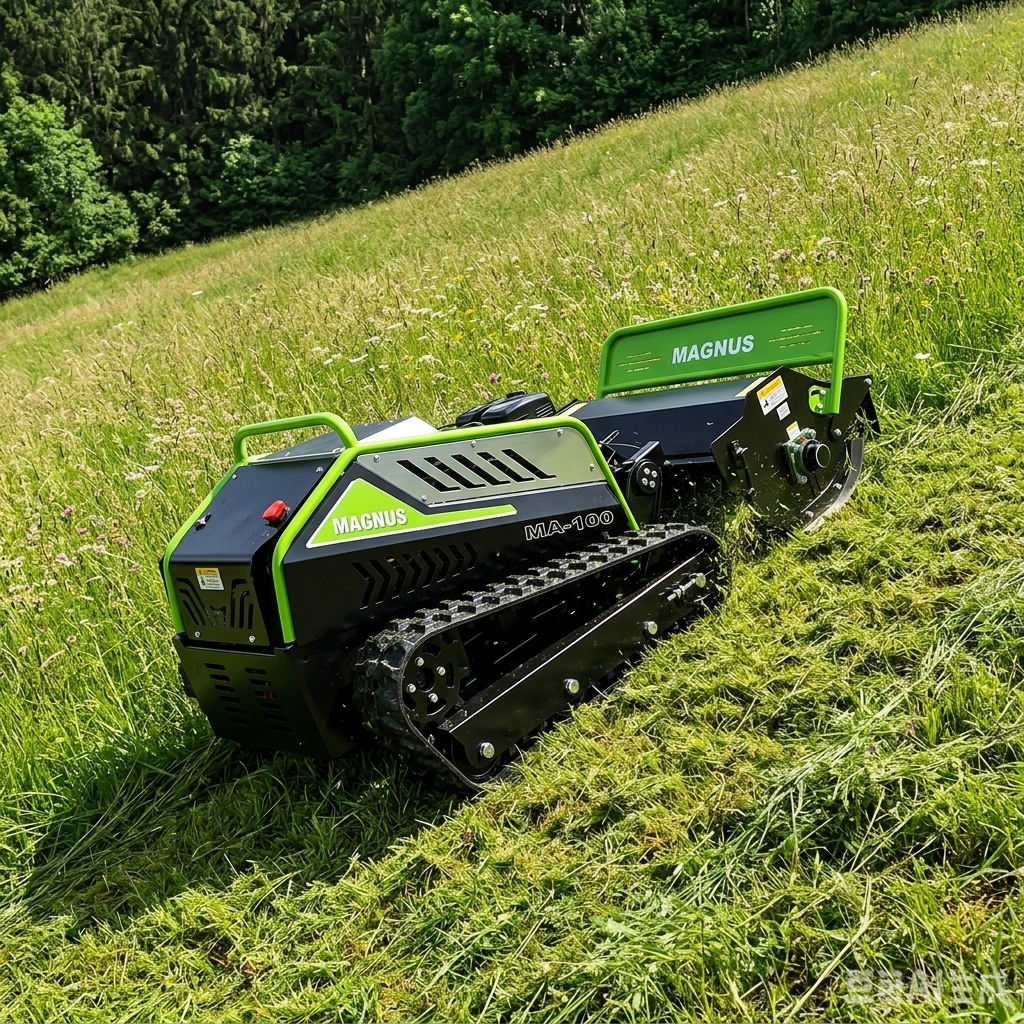 Mower cutting a grass bank with the operator at a distance