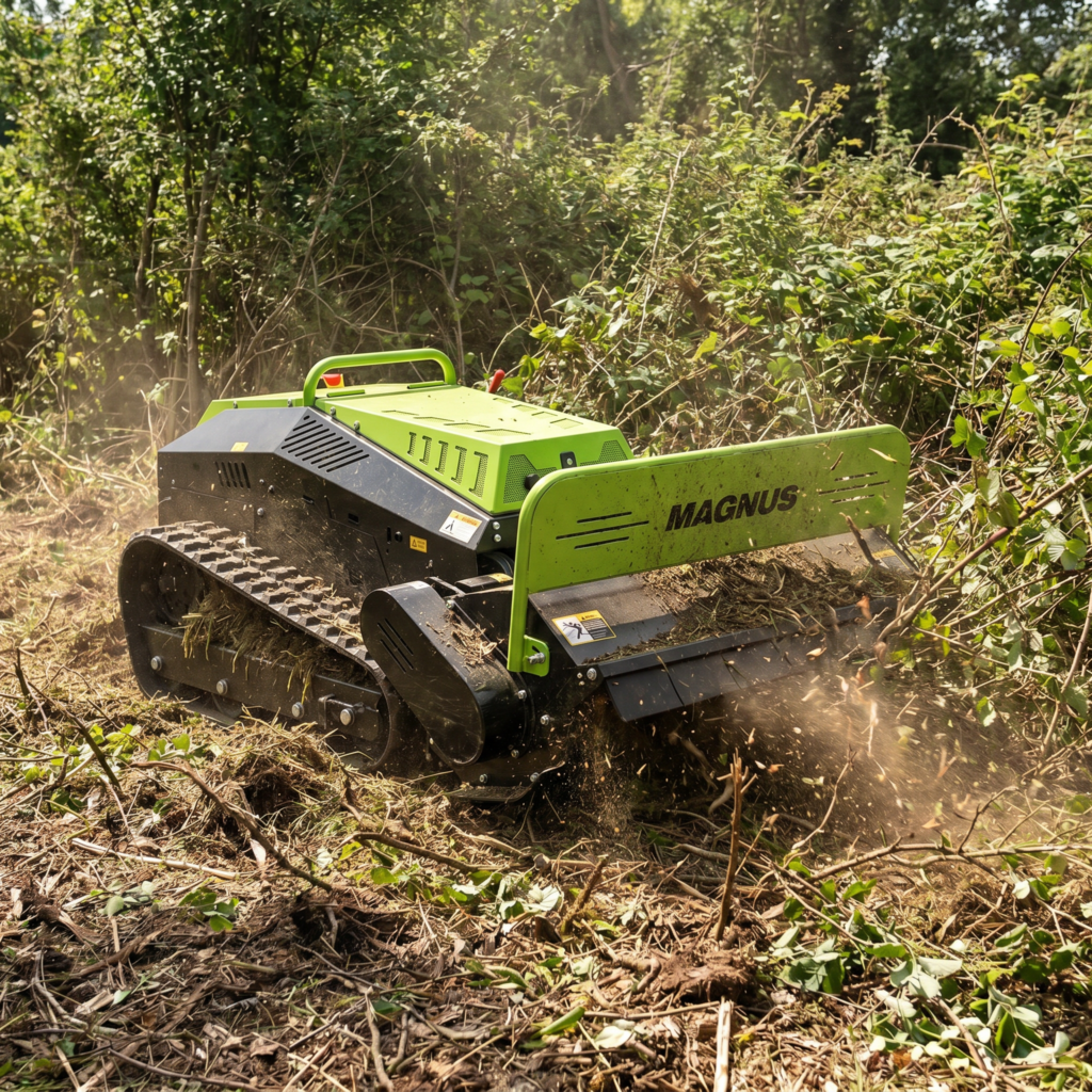 Mower clearing dense scrub and low branches