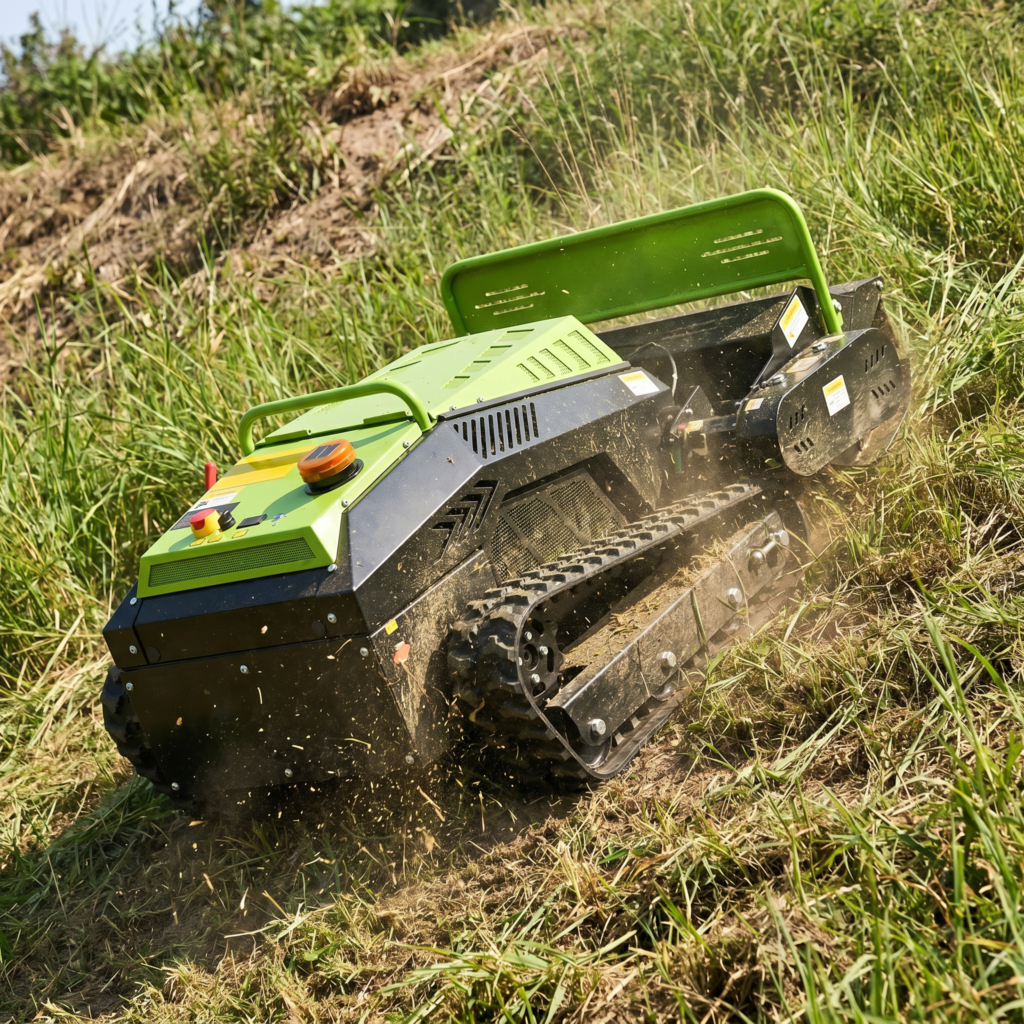 Mower working across a steep side slope