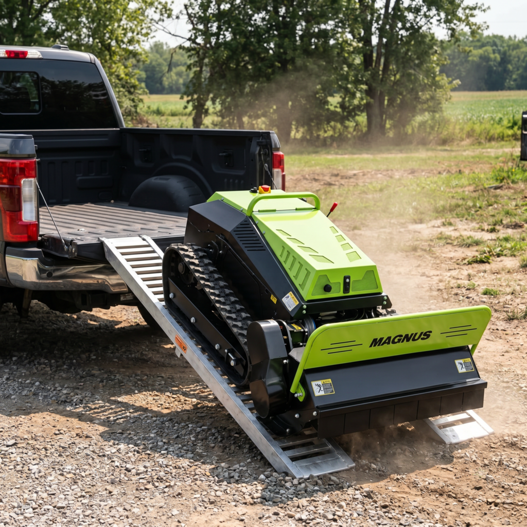 Tracked mower on a pickup tailgate ramp