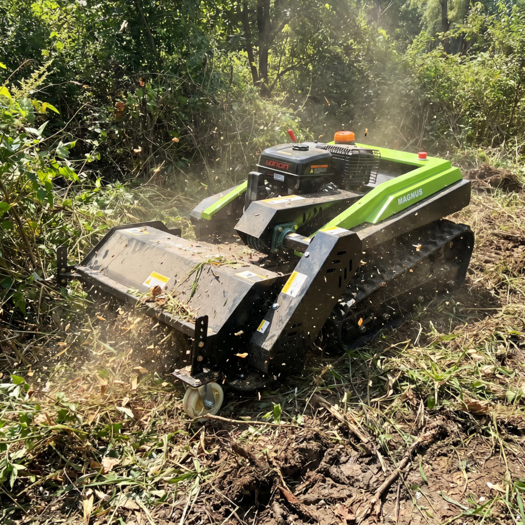 Mower mulching heavy brush, dust rising from the deck