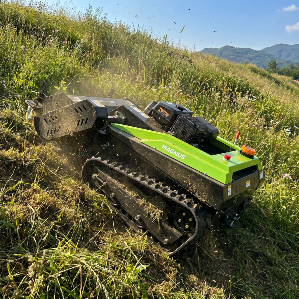 Mower climbing a steep grass bank