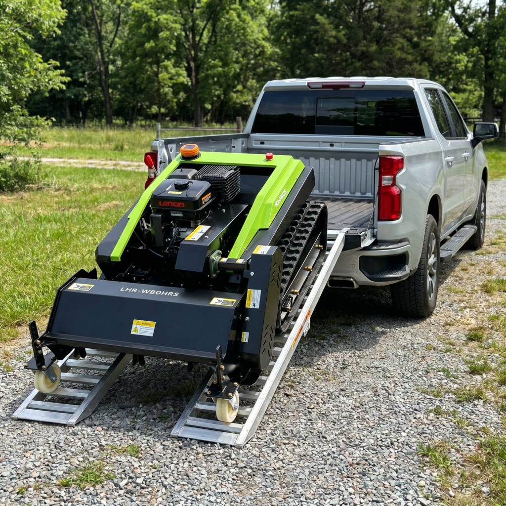 Tracked mower loaded on a pickup bed
