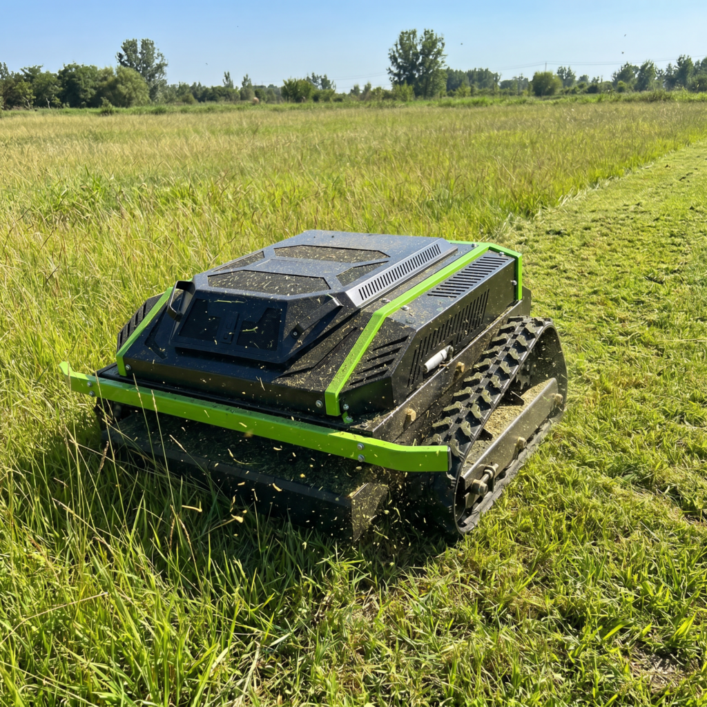 Mower cutting open grass on level ground