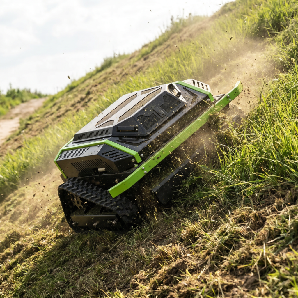 Mower ascending a steep slope