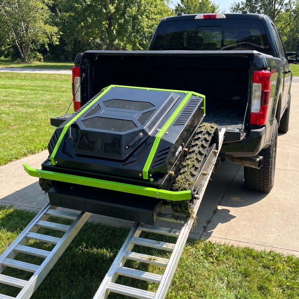 Mower driven up ramps onto a pickup
